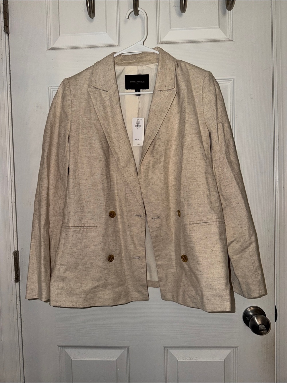 Banana Republic Women's Light Cream Double-Breasted Linen Blend Blazer